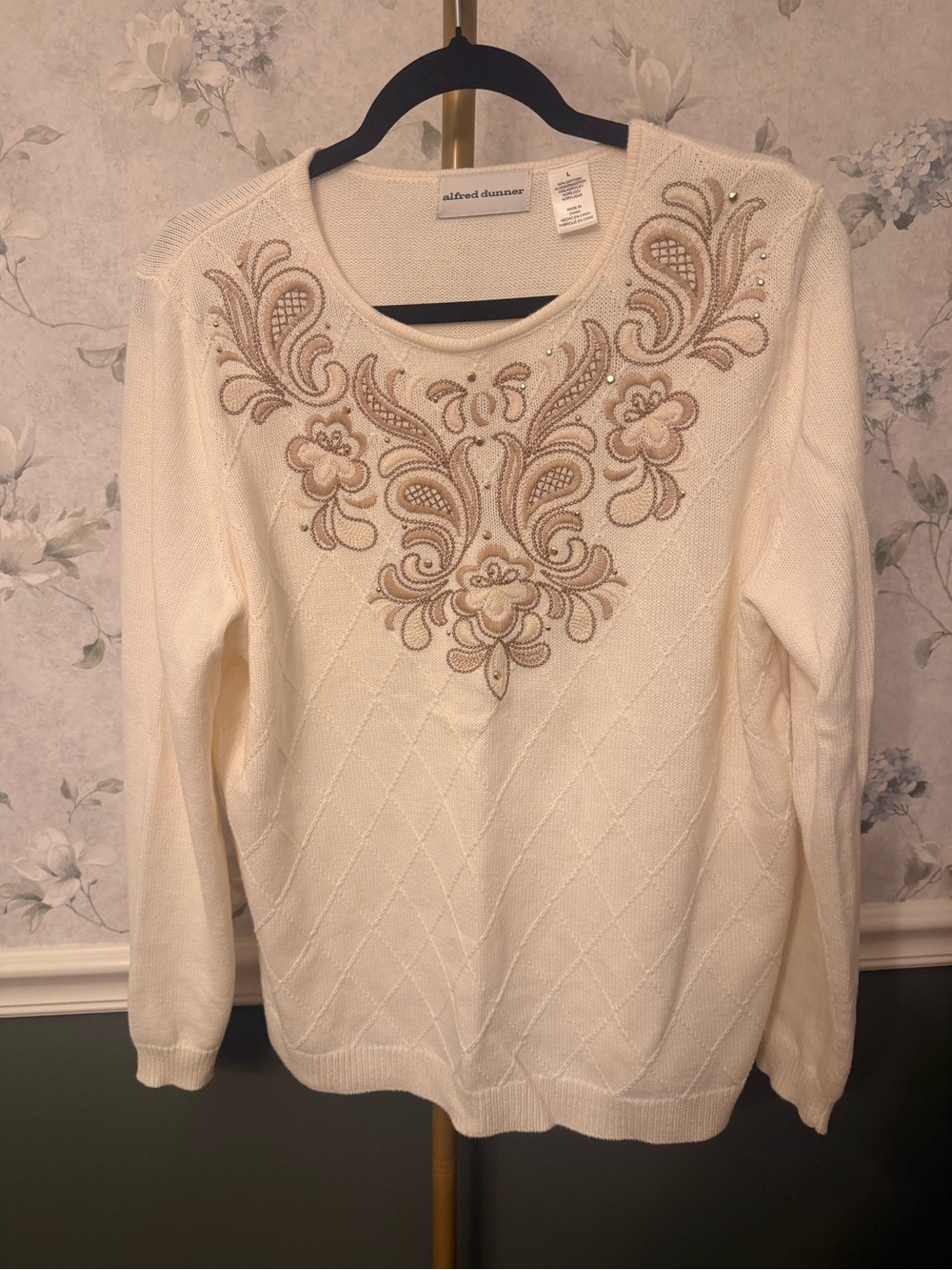 Alfred Dunner Cream Knit Crewneck Sweater with Beige Embroidery